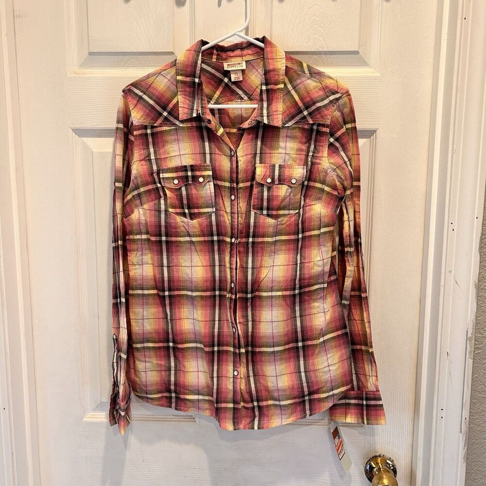 Mossimo Womens Flannel Western Top L Pink Plaid Pearl Snap Long Sleeve‎ Jrs NWT
